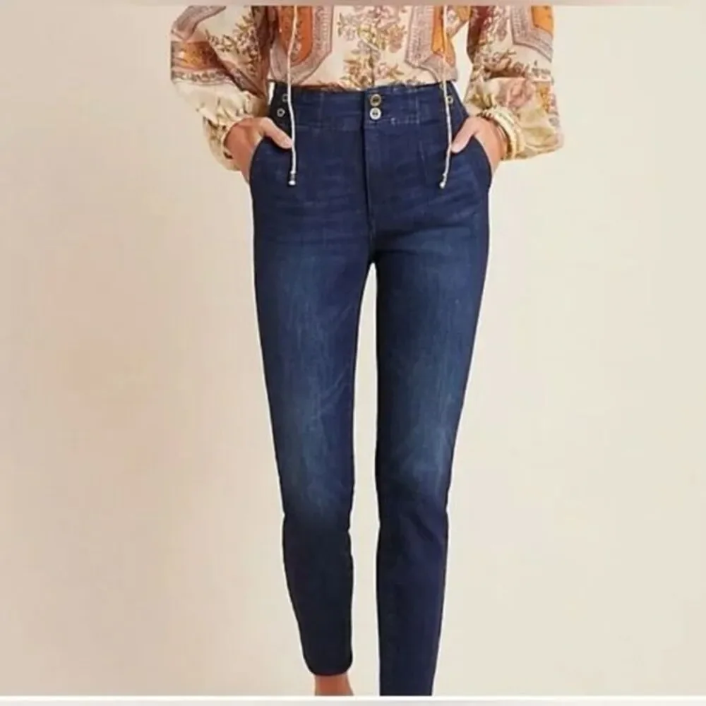 ANTHROPOLOGIE Pilcro Pleated High Rise Dark Wash Blue Denim Skinny Preppy 28